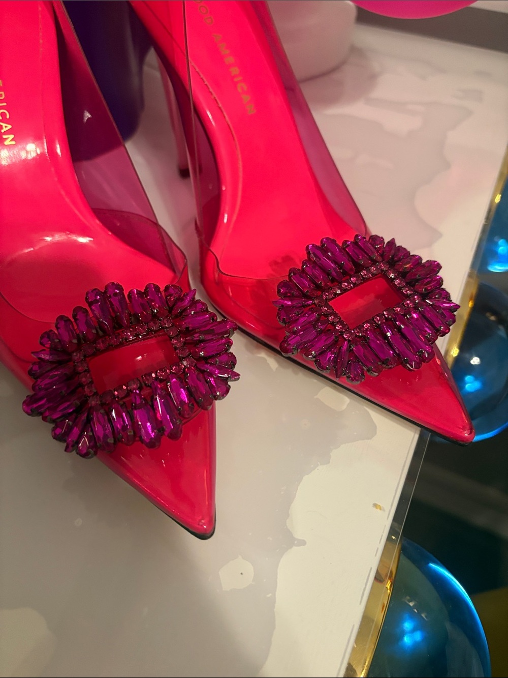 Good American Hot Pink Patent Pointed Toe Pumps with Pink Gem Buckles - Picture 2 of 5